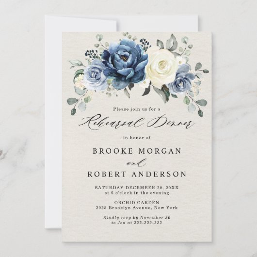 Dusty Blue Navy Champagne Ivory Rehearsal Dinner I Kaart (Voorkant)