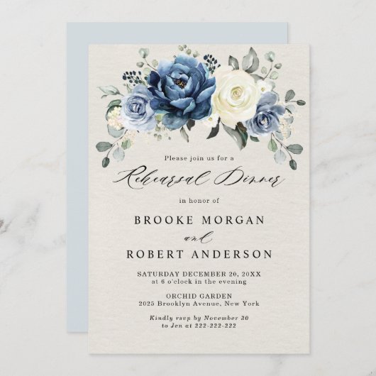 Dusty Blue Navy Champagne Ivory Rehearsal Dinner I Kaart (Voorkant / Achterkant)