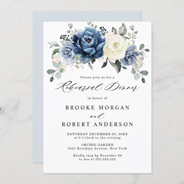 Dusty Blue Navy Champagne Ivory Rehearsal Dinner Kaart (Voorkant / Achterkant)