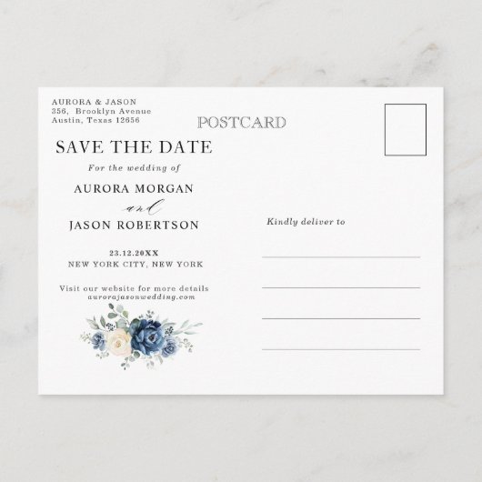 Dusty Blue Navy Champagne Ivory Save the Date Aankondigingskaart (Achterkant)