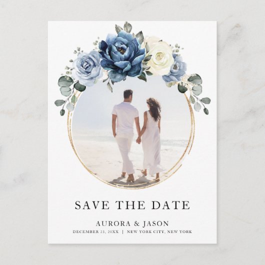 Dusty Blue Navy Champagne Ivory Save the Date Aankondigingskaart (Voorkant)