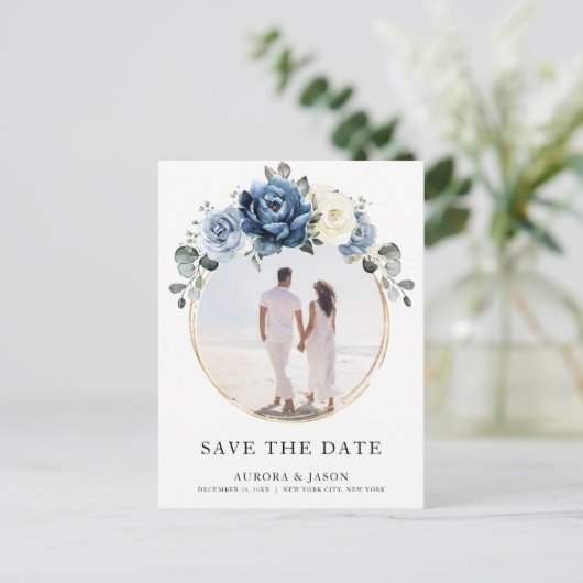 Dusty Blue Navy Champagne Ivory Save the Date Aankondigingskaart (Staand voorkant)