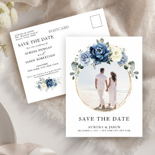 Dusty Blue Navy Champagne Ivory Save the Date Aankondigingskaart