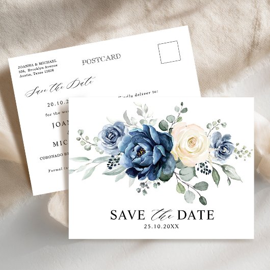 Dusty Blue Navy Champagne Ivory Save the Date Briefkaart