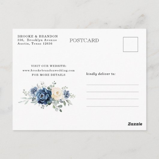 Dusty Blue Navy Champagne Ivory Save the Date Briefkaart (Achterkant)