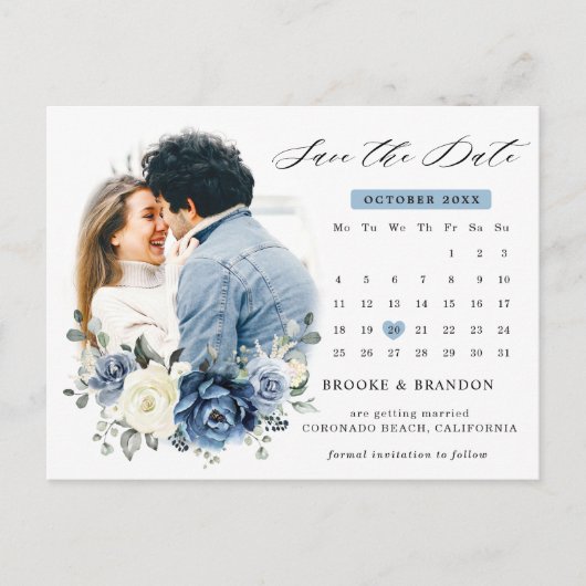 Dusty Blue Navy Champagne Ivory Save the Date Briefkaart (Voorkant)