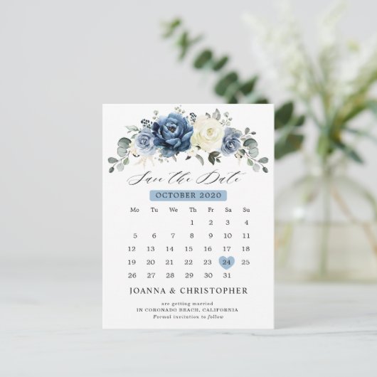 Dusty Blue Navy Champagne Ivory Save the Date Briefkaart (Staand voorkant)