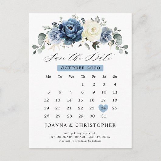 Dusty Blue Navy Champagne Ivory Save the Date Briefkaart (Voorkant)