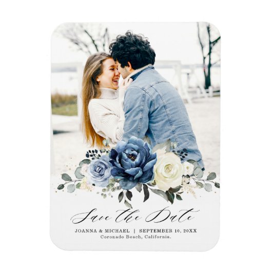 Dusty Blue Navy Champagne Ivory Save the Date Magneet (Verticaal)