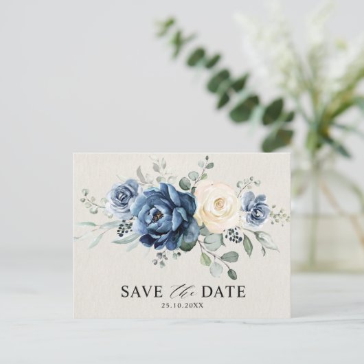 Dusty Blue Navy Champagne Ivory Save the Date Post Briefkaart (Staand voorkant)