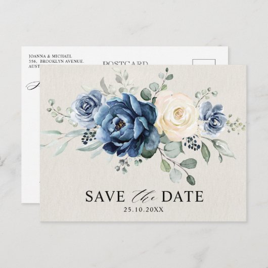 Dusty Blue Navy Champagne Ivory Save the Date Post Briefkaart (Voorkant / Achterkant)