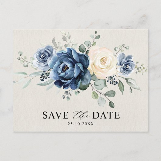 Dusty Blue Navy Champagne Ivory Save the Date Post Briefkaart (Voorkant)