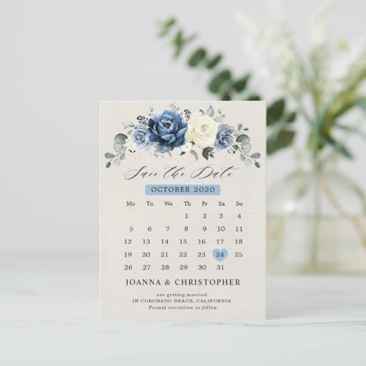Dusty Blue Navy Champagne Ivory Save the Date Post Briefkaart (Staand voorkant)
