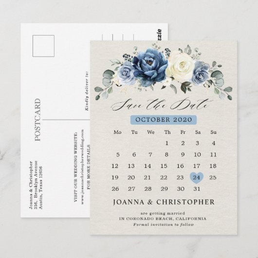 Dusty Blue Navy Champagne Ivory Save the Date Post Briefkaart (Voorkant / Achterkant)