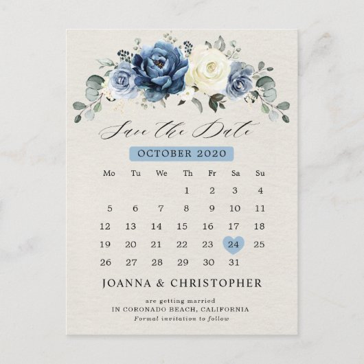 Dusty Blue Navy Champagne Ivory Save the Date Post Briefkaart (Voorkant)