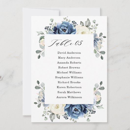 Dusty Blue Navy Champagne Ivory Seating Chart Card Kaart (Voorkant)