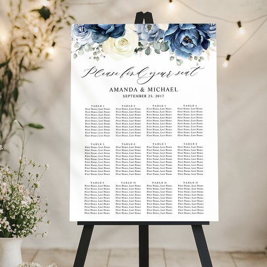 Dusty Blue Navy Champagne Ivory Seating Chart Poster