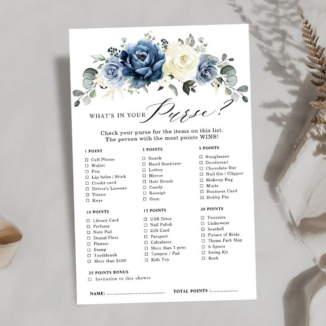 Dusty Blue Navy Champagne Ivory Vrijgezellenfeest  (Dusty Blue Navy Champagne Ivory Bridal Shower Game what's in your purse?
)