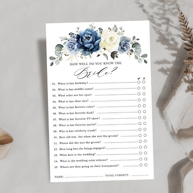 Dusty Blue Navy Champagne Ivory Vrijgezellenfeest  (Dusty Blue Navy Champagne Ivory Bridal Shower Game how well do you know the bride.)