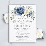 Dusty Blue Navy Champagne Ivory Vrijgezellenfeest Kaart<br><div class="desc">Uitnodiging tot het indienen van een stoomblauwe bruiloft met elegante bouquet van blauw van de marine, koninklijk blauw, wit, goud, champagne-ivoor, zwart roos, ranunculus-bloemknoppen en groene eucalyptusbladeren en elegante waterverf bouquet. Neem contact met mij op voor hulp bij aanpassingen of als u een ander product nodig hebt met dit ontwerp....</div>