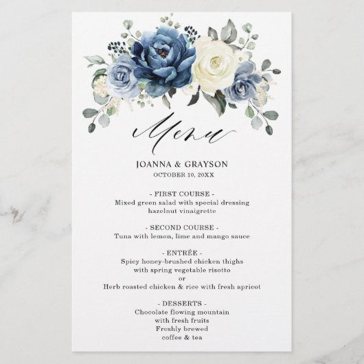 Dusty Blue Navy Champagne Ivory Wedding Menu (Voorkant)