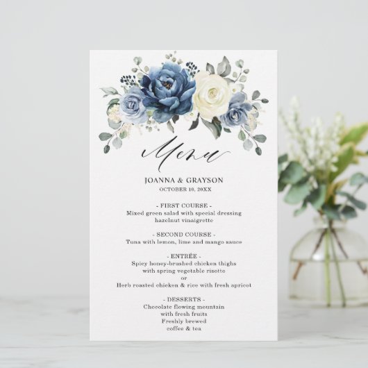 Dusty Blue Navy Champagne Ivory Wedding Menu (Staand voorkant)