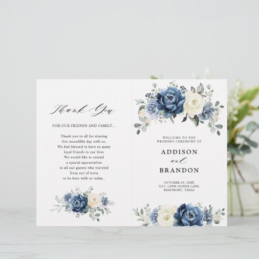 Dusty Blue Navy Champagne Ivory Wedding Programme (Staand voorkant)