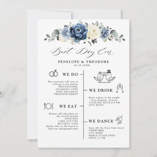 Dusty Blue Navy Champagne Ivory Wedding Programme Kaart (Voorkant)