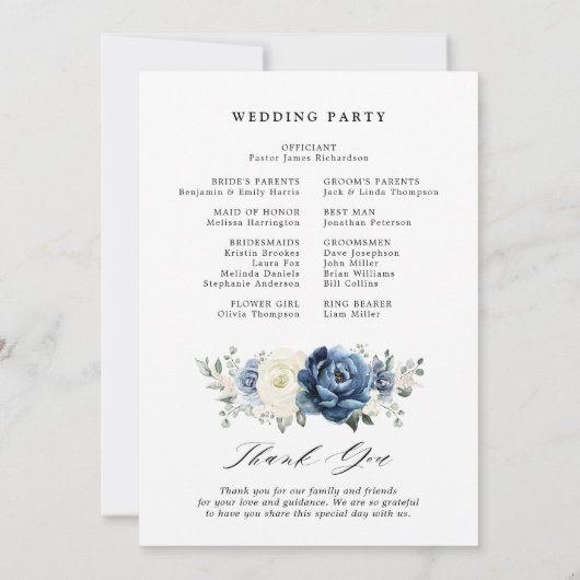 Dusty Blue Navy Champagne Ivory Wedding Programme Kaart (Achterkant)