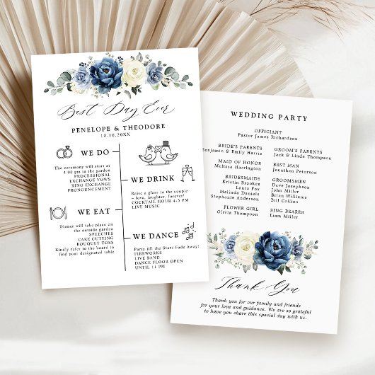 Dusty Blue Navy Champagne Ivory Wedding Programme Kaart
