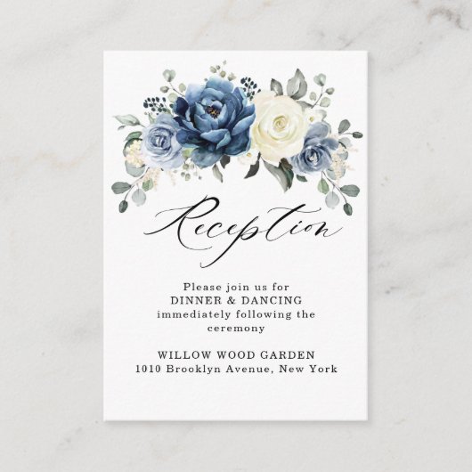Dusty Blue Navy Champagne Ivory Wedding Reception Informatiekaartje (Voorkant)