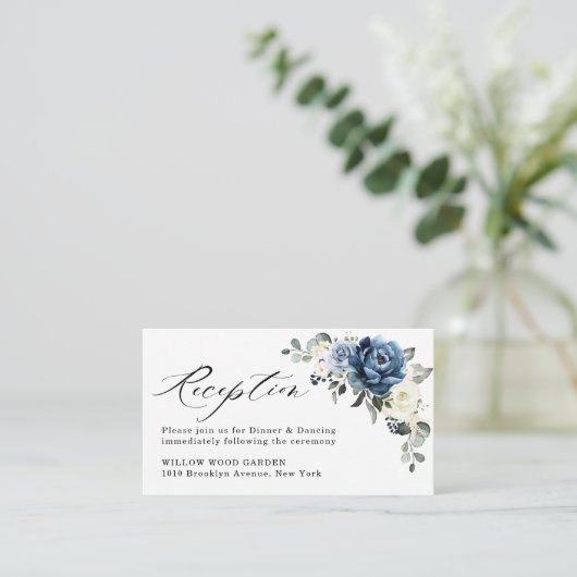 Dusty Blue Navy Champagne Ivory Wedding Reception Informatiekaartje (Staand voorkant)