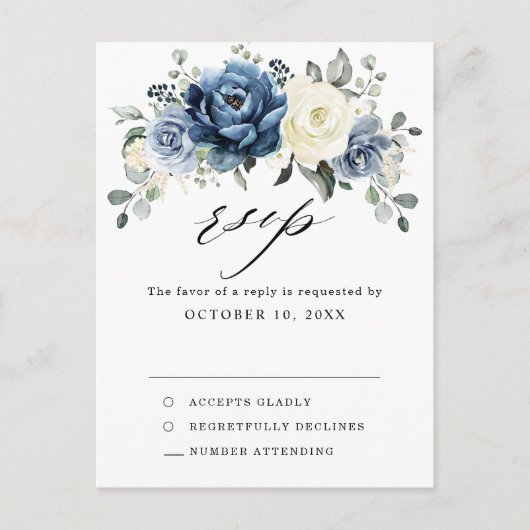 Dusty Blue Navy Champagne Ivory Wedding RSVP Postc Briefkaart (Voorkant)