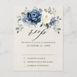Dusty Blue Navy Champagne Ivory Wedding RSVP Postc Briefkaart
