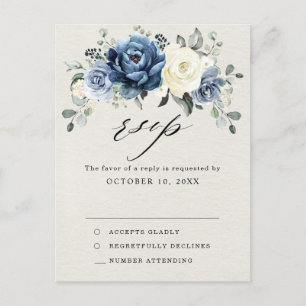 Dusty Blue Navy Champagne Ivory Wedding RSVP Postc Briefkaart