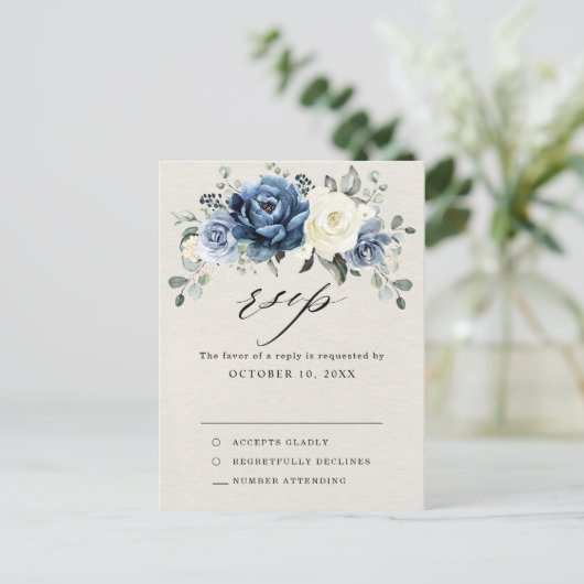 Dusty Blue Navy Champagne Ivory Wedding RSVP Postc Briefkaart (Staand voorkant)