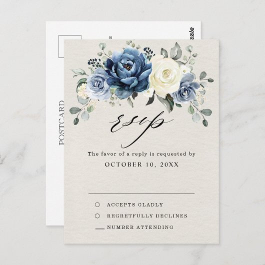 Dusty Blue Navy Champagne Ivory Wedding RSVP Postc Briefkaart (Voorkant / Achterkant)