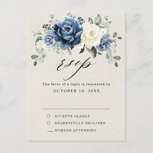 Dusty Blue Navy Champagne Ivory Wedding RSVP Postc Briefkaart (Voorkant)