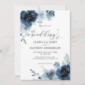 Dusty Blue Navy Dark Slate Floral Pastel Wedding Kaart (Voorkant)