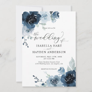 Dusty Blue Navy Dark Slate Floral Pastel Wedding Kaart