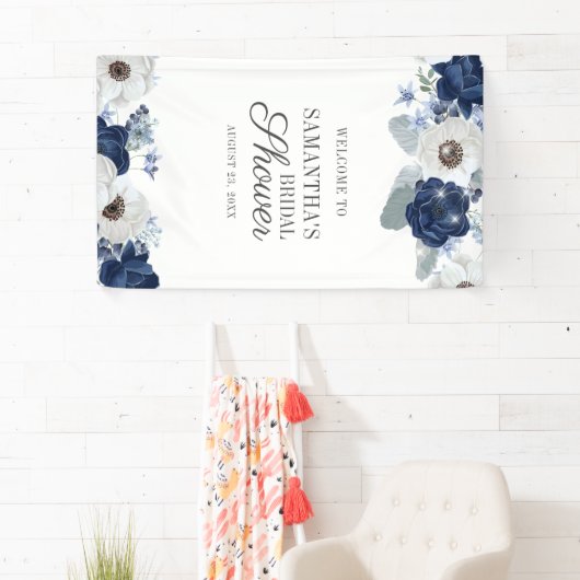 Dusty Blue Navy Floral Bloom Vrijgezellenfeest Spandoek (Insitu)
