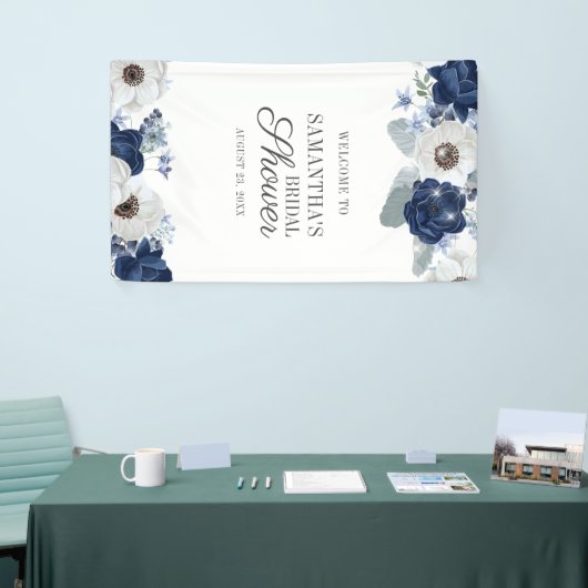 Dusty Blue Navy Floral Bloom Vrijgezellenfeest Spandoek (Beurs)