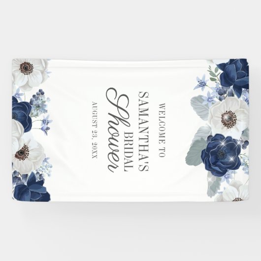 Dusty Blue Navy Floral Bloom Vrijgezellenfeest Spandoek (Horizontaal)