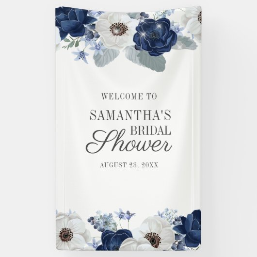 Dusty Blue Navy Floral Bloom Vrijgezellenfeest Spandoek (Verticaal)