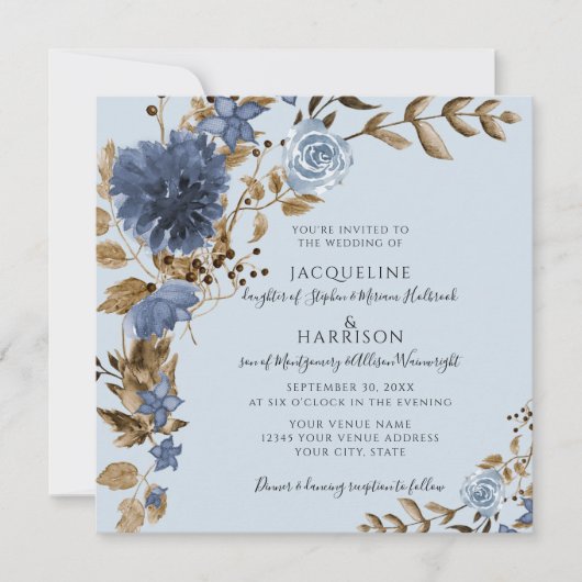 Dusty Blue Navy Floral Earth Tone Groen Bruiloft Kaart (Voorkant)