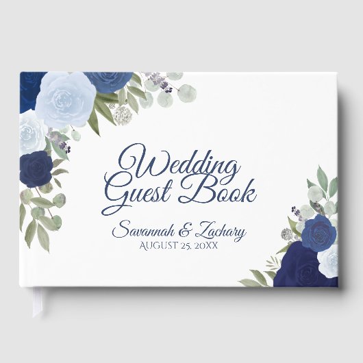Dusty Blue & Navy Floral Elegant Boho Wedding Gastenboek (Voorkant)