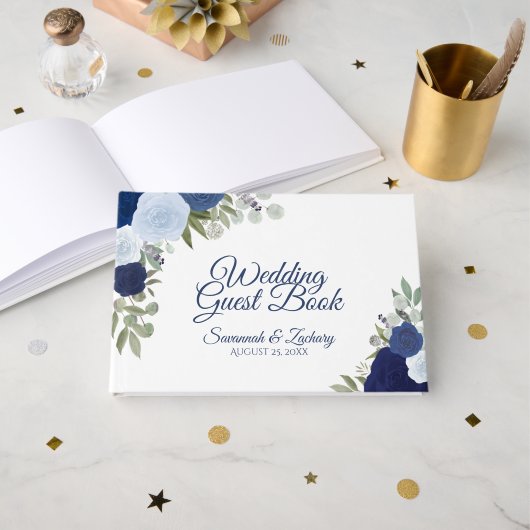 Dusty Blue & Navy Floral Elegant Boho Wedding Gastenboek (Voorkant open)