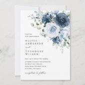 Dusty Blue Navy Floral Elegant Photo Back Wedding Kaart (Voorkant)