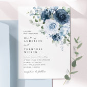 Dusty Blue Navy Floral Elegant Photo Back Wedding Kaart