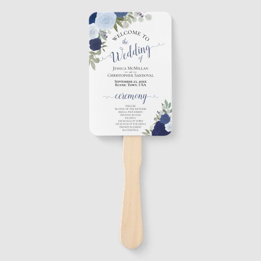 Dusty Blue & Navy Floral Elegant Wedding Programme Handwaaier (Voorkant)